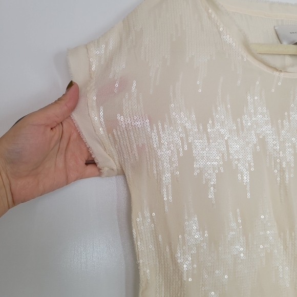 Brochu Walker Sheer Silk Chevron Sequins Pattern Blouse Small Shimmer Beige - Picture 4 of 15